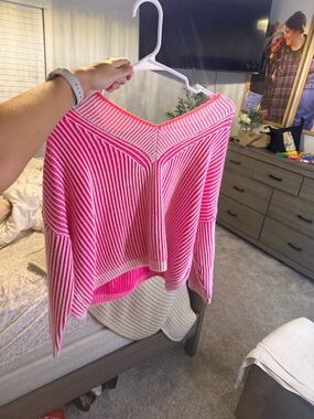 Pink Striped V-Neck Women’s Sweater